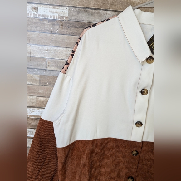 New Colorblock Corduroy Brown With White & Leopard Print Drop Shoulder Shacket - Picture 3 of 15